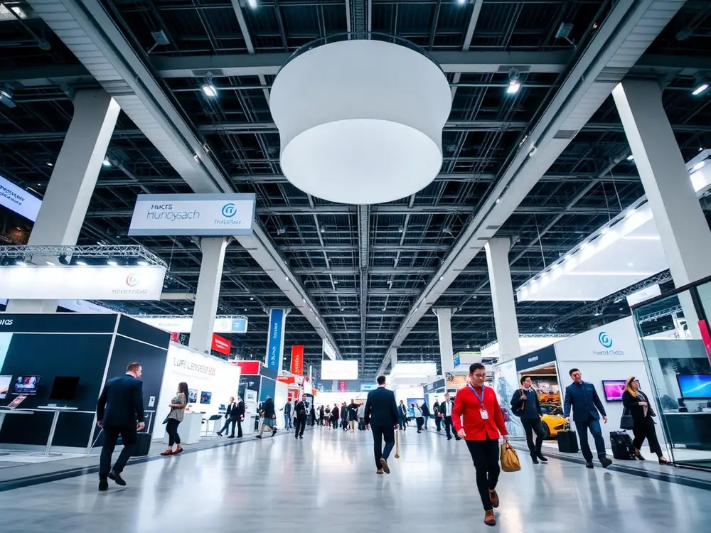 Pavilhão da Canton Fair com estandes e visitantes